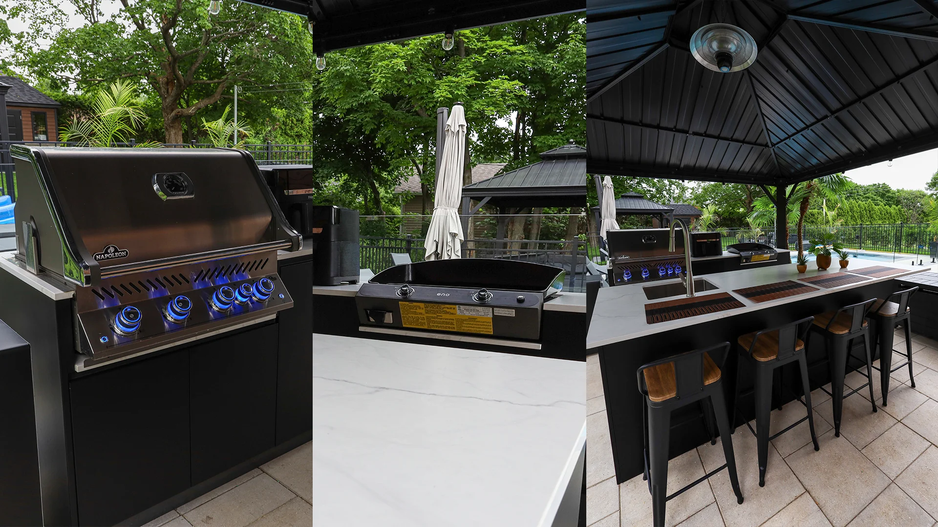 Outdoor kitchen with bar counter and integrated appliances in Lévis